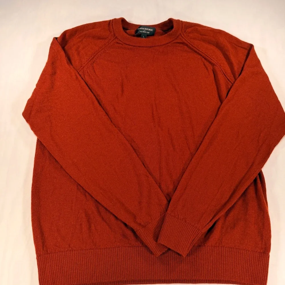 Banana Republic Sweater Mens L Rust Orange 100% Merino Wool Crewneck Raglan